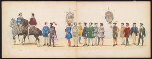 Maškaráda leidenských studentů, 1855 (deska 13) Kostýmovaný průvod pořádaný členy leidenského studentského sboru 12. června 1855 na oslavu 280. výročí Leidsche Hoogeschool, zobrazující vstup Karla V. do