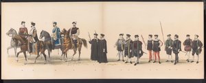 Maškaráda leidenských studentů, 1870 (deska 6) Kostýmovaný průvod pořádaný členy leidenského studentského sboru 7. června 1870 na oslavu 295. výročí Leidsche Hoogeschool, zobrazující návštěvu Leidenu v r. od Gerardus Johannes Bos