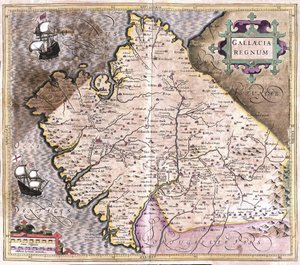 Galicia, Santiago de Compostela, Monforte de Lemos, severozápadní Španělsko (rytina od Gerardus Mercator