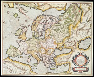 Mapa Evropy, kolem roku 1554 (ručně kolorovaná rytina)