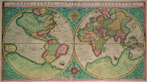 Mapa světa z „Atlas sive cosmographicae...“ vydané v roce 1595 (barevná rytina)