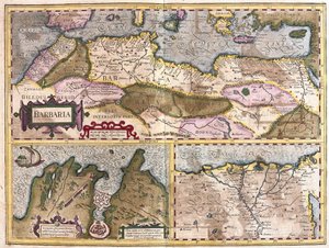 Severní Afrika s obléháním Tunisu a delty Nilu (rytina od Gerardus Mercator