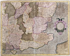 Jihovýchodní oblast Anglie včetně Britského průlivu a Londýna (rytina od Gerardus Mercator