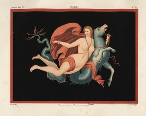 Nereid (mořská nymfa) v plášti a náramcích jedoucí na mořské příšeře nebo hippocampu, napůl koně a napůl ryby. Museo Naz. XXII, Stabiae. Kreslil a chromolitografoval Victor Steeger z Emile Presuhna (1844-1878) Nejkrásnější obrazy Pompejí,