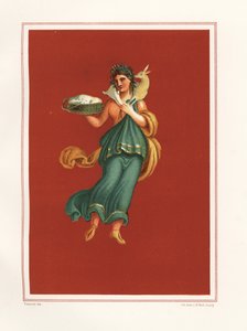 Kevään allegorinen seinämaalaus Regio IX.V.11 atriumin länsipuolelta. Hän pitää kädessään juustokoria ja kantaa lammasta harteillaan. Kromolitografia J.G. Bach Geremia Discannon Emile Presuhnin (1844-1878) kuvituksen jälkeen od Geremia Discanno