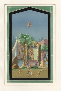 Krajinomalba z Exedry v Domě Vesonia Prima, plnější. Chromolitografie Victora Steegera podle ilustrace Geremia Discanno z Emile Presuhna (1844-1878) Nejkrásnější obrazy Pompejí, Lipsko