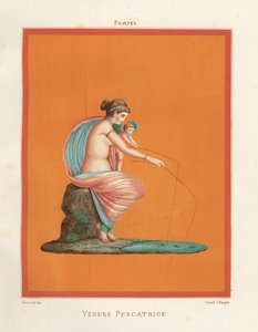 Nástěnná malba Venuše a Amor rybaření s pruty z rybníka. Nalezeno v Regio V.V.3, Dům gladiátorů. Chromolitografie od Victora Steegera podle ilustrace Geremia Discanno z Emile Presuhna (1844-1878) Nejkrásnější obrazy Pompejí,