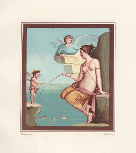 Nástěnná malba Venuše a Amor rybaření s pruty z moře. Nalezeno v Regio VI.XIV.28, Taberna Lusoria. Chromolitografie Victora Steegera podle ilustrace Geremia Discanno z Emile Presuhna (1844-1878) Nejkrásnější obrazy Pompejí, Lei