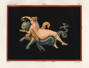 Nereidská mořská nymfa podporovaná monstrem, napůl panter a napůl ryba. Museo Naz. XXII, Stabiae. Chromolitografie Victora Steegera podle ilustrace Geremia Discanno z Emile Presuhna (1844-1878) Nejkrásnější obrazy Pompejí, Lipsko