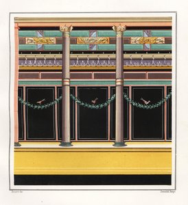 Nástěnná malba z místnosti v Domě Epigramů. V, Ins. 1, č. 18. Chromolitografie Victora Steegera podle ilustrace Geremia Discanno z Emile Presuhna (1844-1878) Nejkrásnější obrazy Pompejí, Lipsko