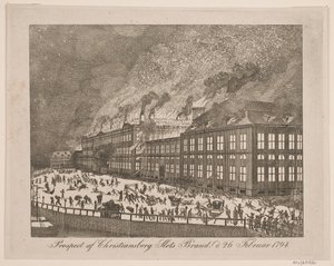 Prospekt požáru hradu Christiansborg dne 26. února 1794 od Gerhard Ludvig Lahde