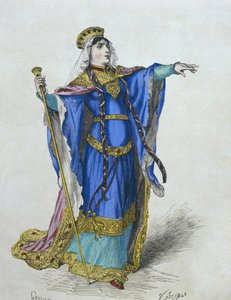 Merovejská královna, ilustrace z knihy "Costumes de Paris a travers les siecles" od H. Gourdona de Genouillac, vyryl Stablo (19. století) (barevná rytina)
