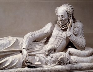 Pohřební pomník: Hrobka s oblibou Jeanne Valentine Balbiani (1518-1572), manželky kardinála René de Birague (1506-1583), francouzského kancléře. Detail. Mramorová socha od Germaina Pilona (1535 - 1590), kolem roku 1573. Paříž, Musee Du Louvre
