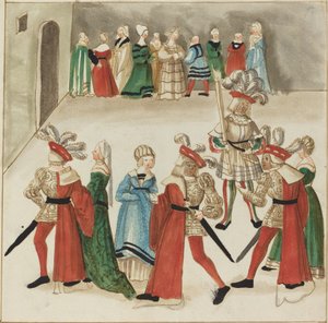 Tři muži v červených pláštích tančí se svými partnerkami od German 16th Century