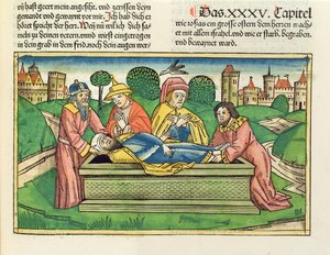2 Letopisy 35 24 Pohřeb Josiáše z norimberské bible (Biblia Sacra Germanaica) (barevný dřevoryt)