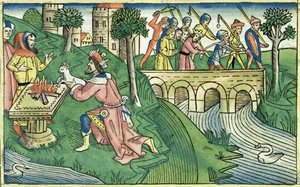2 Kings 16 9-16 Obyvatelé Damašku jsou odvedeni do zajetí, z norimberské bible (Biblia Sacra Germanaica) (barevný dřevoryt) od German School