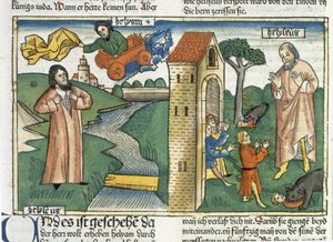 2 Kings 2 1-24 Eliáš stoupá do nebe ve vichřici a chlapci, kteří se Elizeovi posmívali, jsou sežráni medvědy, z norimberské bible (Biblia Sacra Germanaica) (barevný dřevoryt) od German School