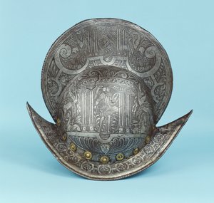 Hřebenový morion s vyleptanými hlavami cherubínů, sfingami a okřídlenými koňmi, uprostřed s pseudoklasickým válečníkem v dobovém brnění s mečem a štítem od German School