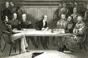 Konference v Chusan mezi komodorem Bremerem a čínským úředníkem Changem na palubě HMS Wellesley, 4. července 1841 od German School