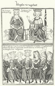 Vyobrazení Sangerkrieg, soutěže mezi pěvci na hradě Wartburg v Durynsku v roce 1207, z Codexu Manesse (rytina) od German School