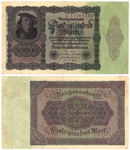 Bankovka padesát tisíc marek, 1922 (obrácená a zadní strana) od German School