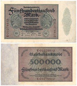 Bankovka pěti set tisíc marek, 1923 (obrácená a zadní strana) od German School