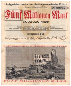 Bankovka v hodnotě pěti milionů marek, cca 1923 (rektum a verso) od German School