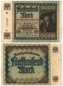Pětitisícová bankovka, 1922 (obrácená a zadní strana) od German School