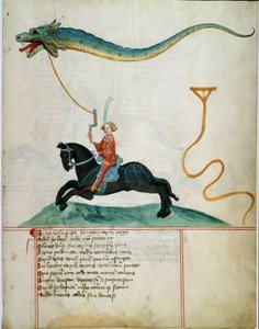Rytíř držící draka létajícího jelena Rukopisná stránka německé školy 15. století. 1405 Göttingen, knihovna univerzity od German School