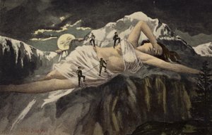 Nahá žena na úbočí hory, na kterou lezou horolezci, zatímco se dívá měsíc (koláž)
