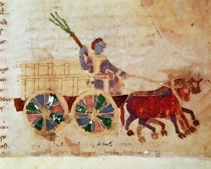 Rolník na miniaturním vozíku z rukopisu „“ De Universo“ (nebo De rerum naturis (O přirozenosti věcí)) (kód. 132) od Rabana Maura Magnentia (nebo Rabana Maura nebo Rabana Maura) (asi 780-856 ). 9. století. Archiv opatství Monte Cassino (Mount Cass od German School