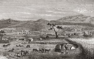 Osada v Kouihara, západní Afrika, ilustrace z „Světa v rukou“, vydaného v roce 1878 od German School