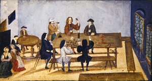 Interiér hospody s postavami hrajícími karty, kolem roku 1690 (kvaš na papíře) od German School