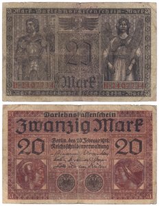 Dvacetimarková bankovka, 1918 (pravé a zadní) od German School
