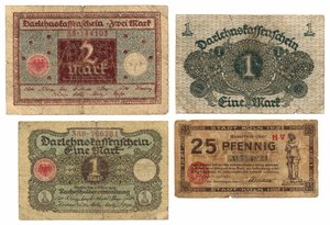Dvoumarková bankovka, dvě jednomarkové bankovky a dvacetipětifenigová bankovka, 1920-21 od German School