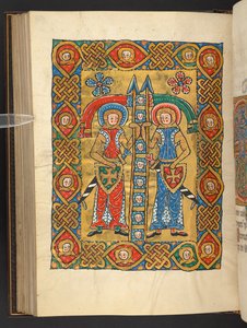 Přidat. 60629, f.84v Dva vojenští světci s hlavami ostatních (vellum) od German School