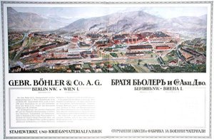 Reklama na ocelárny a zbrojovku rakouské společnosti Gebr.Boehler & Co, z bulharského almanachu, kolem roku 1916 (barevné litho) od German School