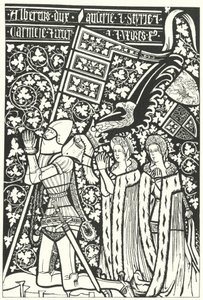 Albert III, vévoda rakouský, se svými dvěma manželkami, Alžbětou Českou a Beatrice Norimberskou (rytina) od German School