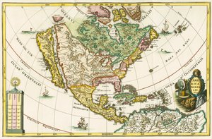 America borealis. Mapa Severní Ameriky s Kalifornií jako ostrovem z knihy Heinricha Scherera Geographia hierarchica. od German School