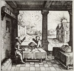 Astrolog odlévající horoskop, kopie ilustrace z Utriusque Cosmi Historia od Roberta Fludda, Oppenheim 1617, použitá v Historii magie, publikované koncem 19. století od German School