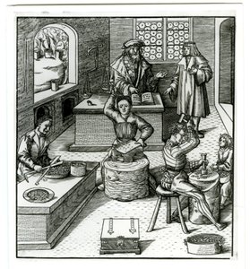 Evropská mincovna z počátku šestnáctého století, z Der Weisskunig (rytina) od German School