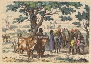 Starověký egyptský farmář a lovci (barevná rytina) od German School