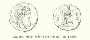 Starověké řecké mince od Elis s vyobrazením Dia z Phidias (rytina) od German School