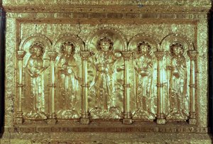 Antependium zobrazující Krista s dárci u nohou mezi archanděly Gabrielem, Rafaelem a Michaelem a svatým Benediktem (zlato) (viz také 162678) od German School