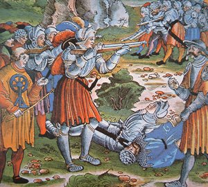 Obrnění vojáci střílející zápalkový zámek Arquebus, konec 15. století (ručně kolorovaný dřevoryt) od German School