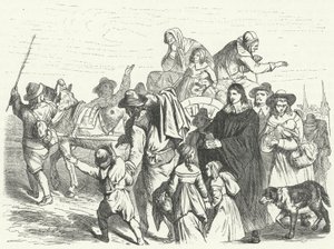 Příchod francouzských hugenotských přistěhovalců do Braniborska poté, co velký kurfiřt Frederick William vydal v roce 1685 Postupimský edikt (rytina) od German School