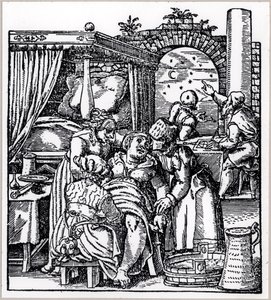 Astrologové odlévají horoskop pro dítě, které se narodí ženě na porodním křesle, z knihy De Conceptu et Generatione Hominis od Jacoba Rueffa, publikované ve Frankfurtu, 1587 od German School