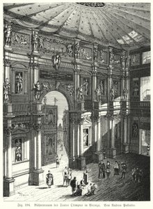 Hlediště a jeviště Teatro Olimpico, Piacenza, Itálie, navržený Andrea Palladio (rytina) od German School