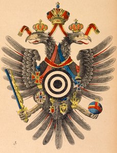 Rakousko-uherský císařský znak jako terč pro lukostřelbu, asi 1865 (kolorovaný dřevoryt) od German School