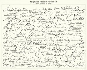 Autogramy slavných lidí: němečtí spisovatelé a vědci (rytina) od German School